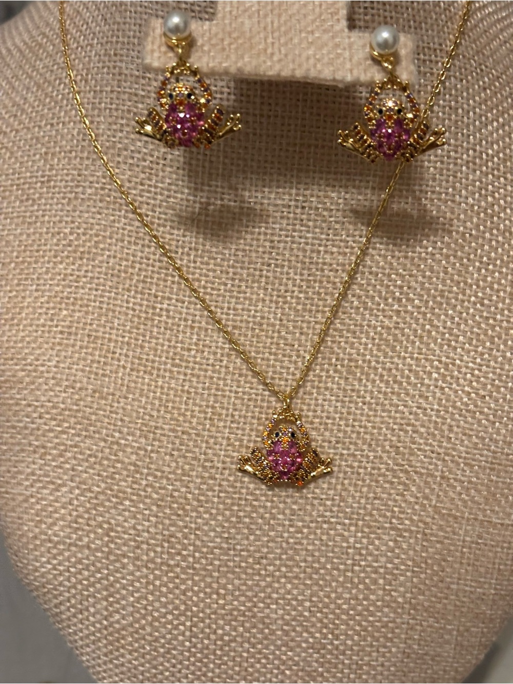 kate spade Gold-tone Frog Necklace and Earring Set with Pink Crystals